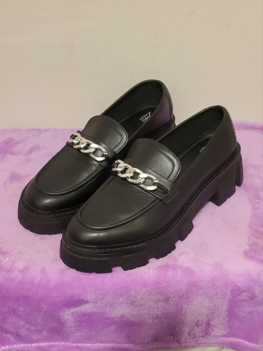 No Boundaries Black Chunky Loafers with Silver Chain